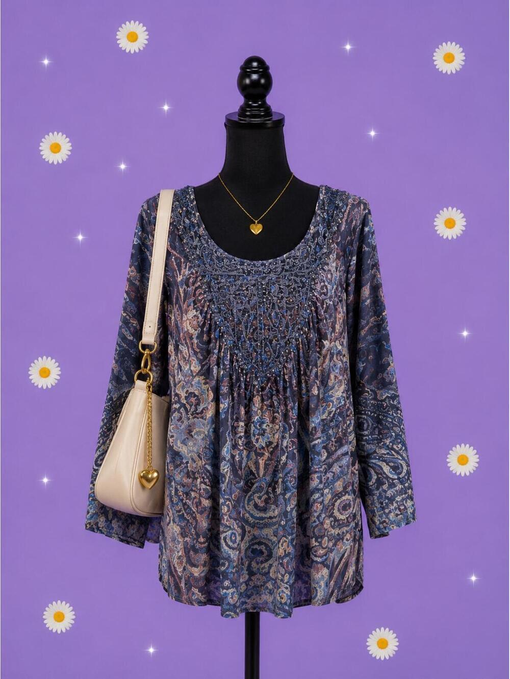 Vintage boho fairy velvet paisley rhinestone tunic top Size Medium 💗
